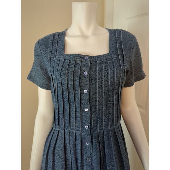 Coldwater Creek Blue Palm Print Layered Chambray Denim Dress Buttons Women Sze 8 - Picture 3 of 7